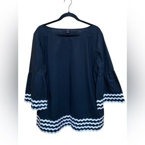 Talbots Navy Blue Blouse Top with White Rick Rack Detail in Size XL.